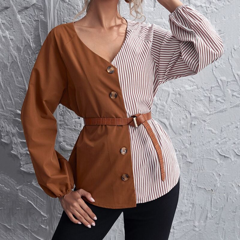 

Striped Colorblock Button Front Blouse Without Belt, Multicolor