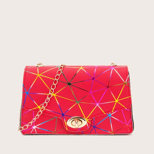 

Geometric Graphic Turn-lock Crossbody Bag, Red