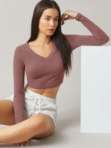 SHEIN BASICS Cotton V-Neck Crop Top - Dusty Pink - View 1