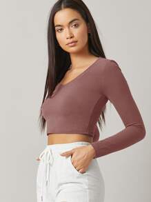 SHEIN BASICS Cotton V-Neck Crop Top - Dusty Pink - View 3