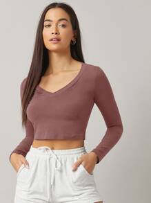 SHEIN BASICS Cotton V-Neck Crop Top - Dusty Pink - View 4