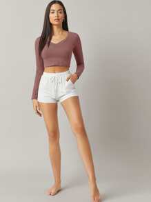 SHEIN BASICS Cotton V-Neck Crop Top - Dusty Pink - View 5
