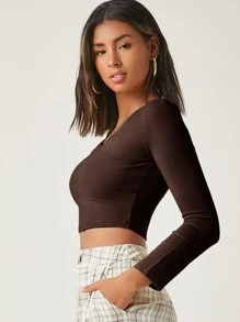 SHEIN BASICS Top crop algodón escote V - Marrón Chocolate - Ver 3