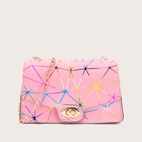 

Geometric Graphic Turn-lock Crossbody Bag, Pink