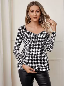 SHEIN Maternity Sweetheart Neck Houndstooth Top - Black and White - View 3