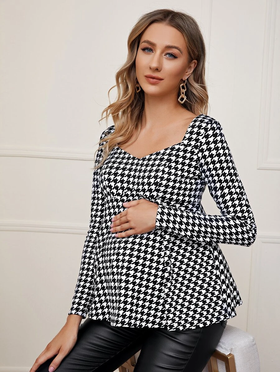 SHEIN Maternity Sweetheart Neck Houndstooth Top - Black and White - View 1