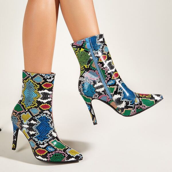 

Snakeskin Side Zipper Stiletto Heeled Boots, Multicolor