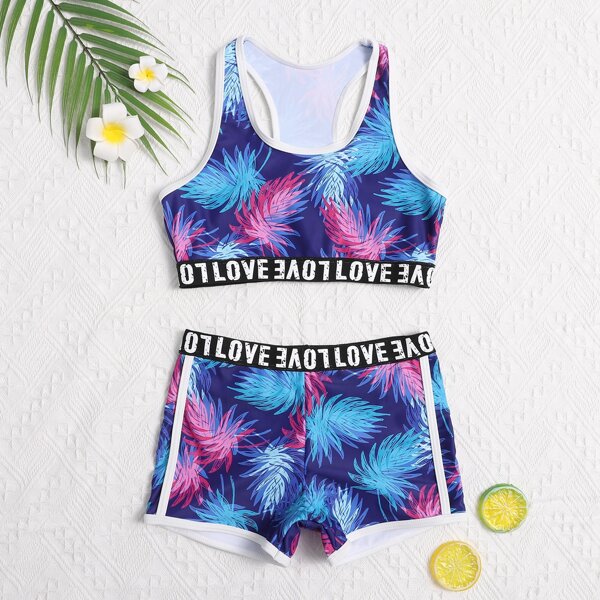 

Girls Tropical Letter Tape Shorts Bikini Swimsuit, Multicolor