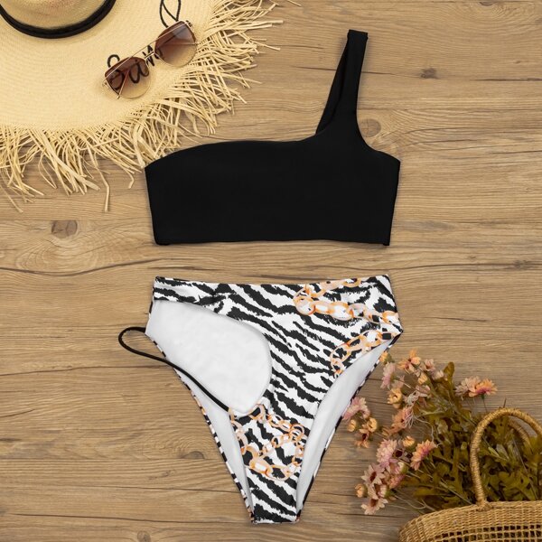 

Chain Print Cut-out One Shoulder Bikini Swimsuit, Multicolor