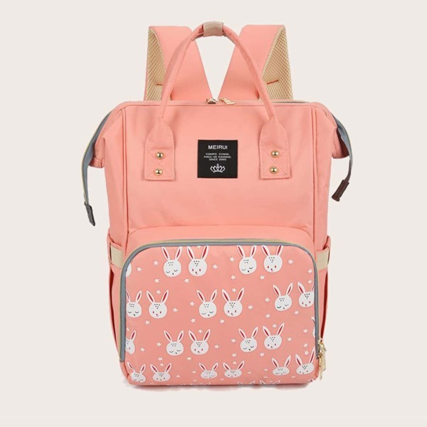 

Rabbit Graphic Large Capacity Mommy Backpack, Coral pink