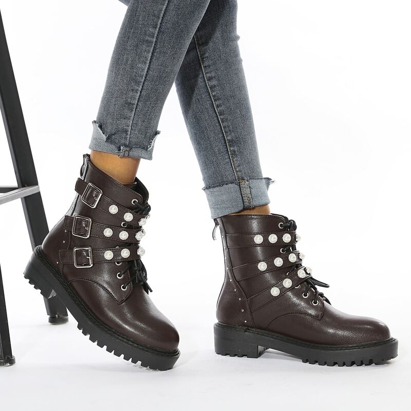 

Faux Pearl & Buckle Decor Combat Boots, Coffee brown