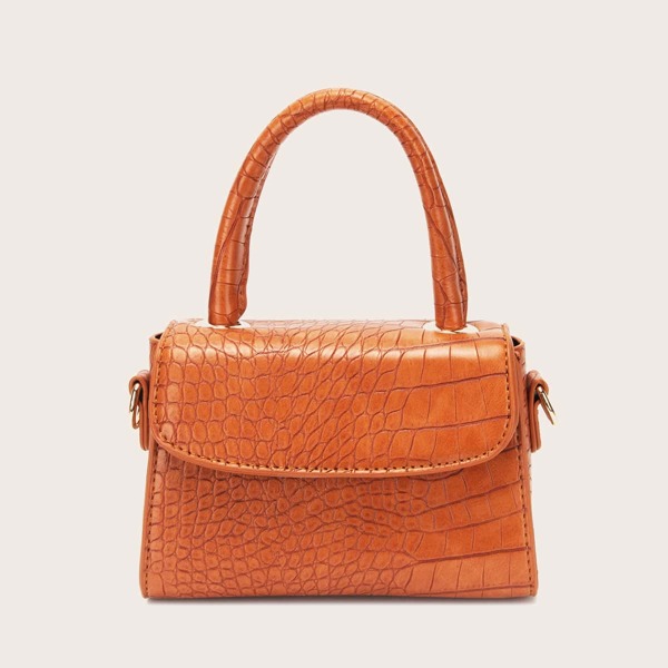 

Croc Embossed Satchel Bag, Brown