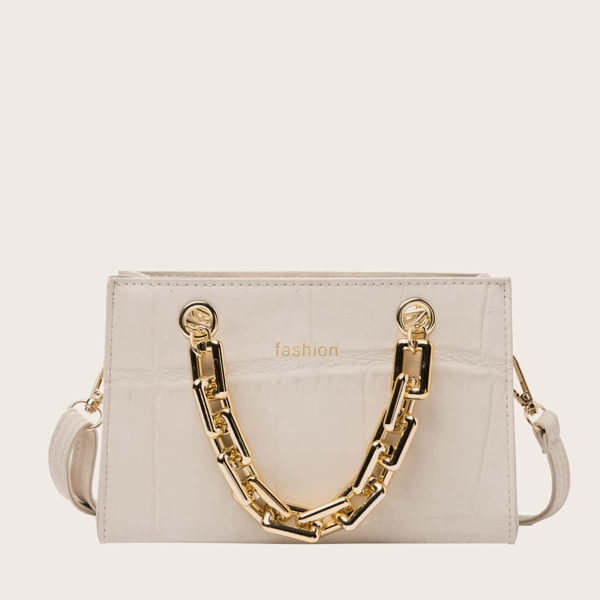 

Croc Embossed Chain Satchel Bag, Beige