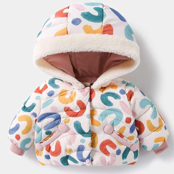 

Baby Girl Cartoon Graphic Single Breasted Hooded Puffer Coat, Multicolor
