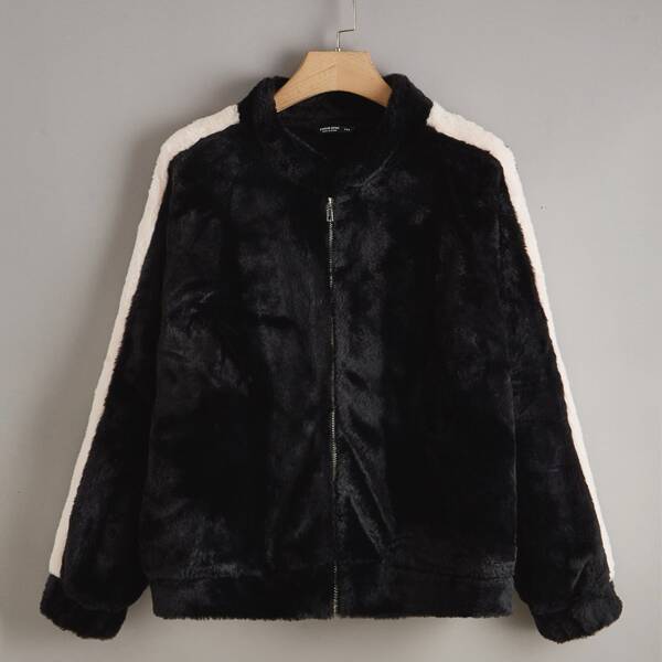 

Plus Colorblock Zip Up Faux Fur Coat, Black