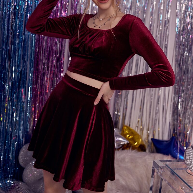 

Solid Velvet Ruched Bust Crop Tee & Skirt, Burgundy