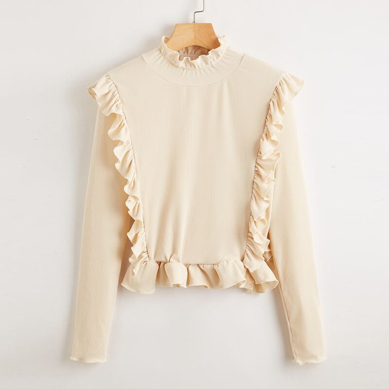 

Solid Ruffle Ribbed Tee, Beige
