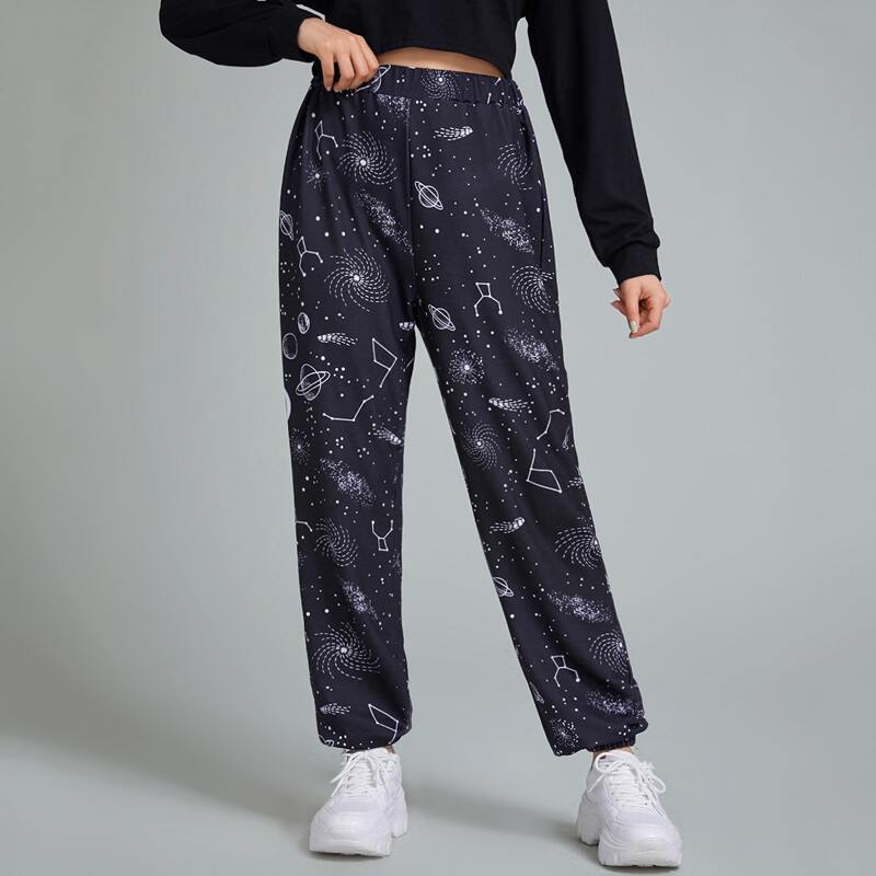 

Universe Print High Waist Joggers, Black