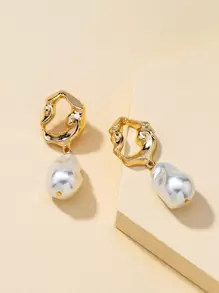 Textured Metal Decor Faux Pearl Drop Earrings - Yellow Gold - View 2