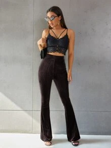 SHEIN EZwear Pantalones de terciopelo de pierna amplia unicolor - Marrón Chocolate - Ver 6