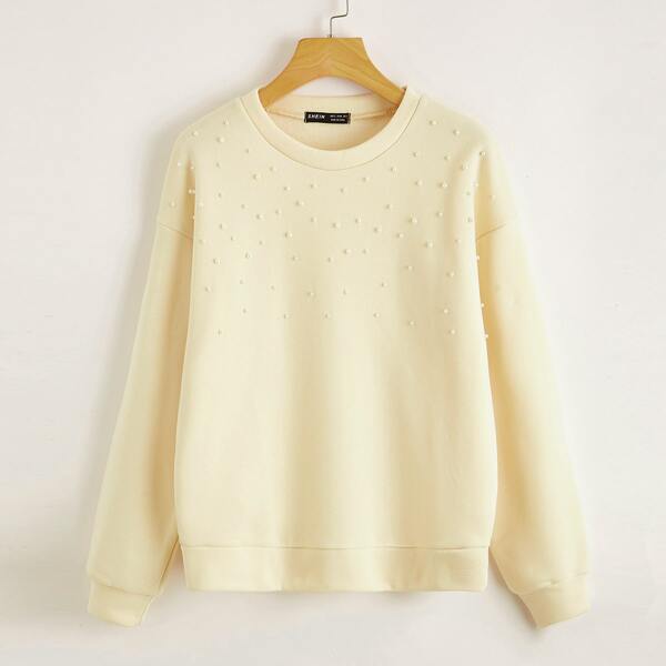

Drop Shoulder Pearls Beaded Thermal Pullover, Beige