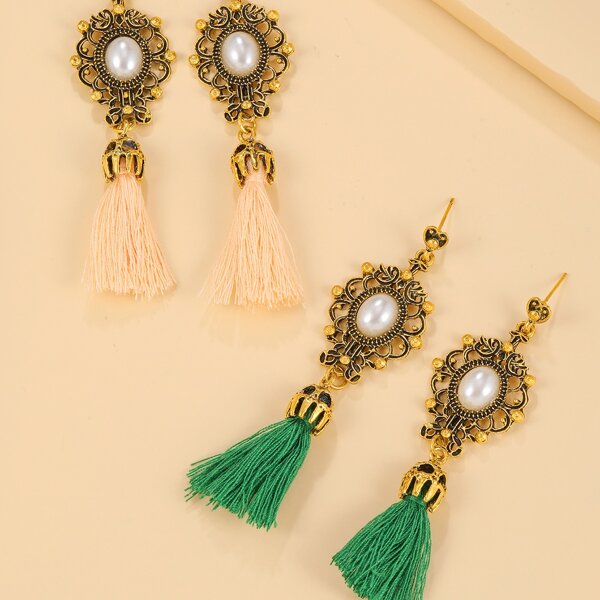 

2pairs Tassel Drop Earrings, Multicolor