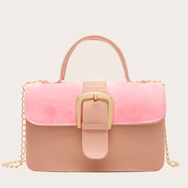 

Buckle Decor Flap Satchel Bag, Pink