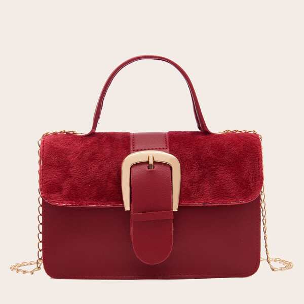 

Buckle Decor Flap Satchel Bag, Red