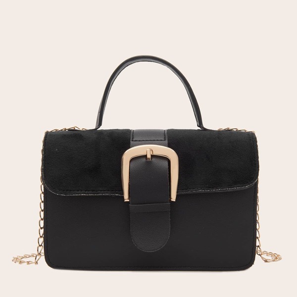 

Buckle Decor Flap Satchel Bag, Black