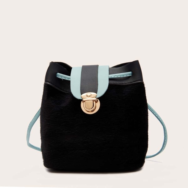 

Fluffy Push Lock Bucket Bag, Black