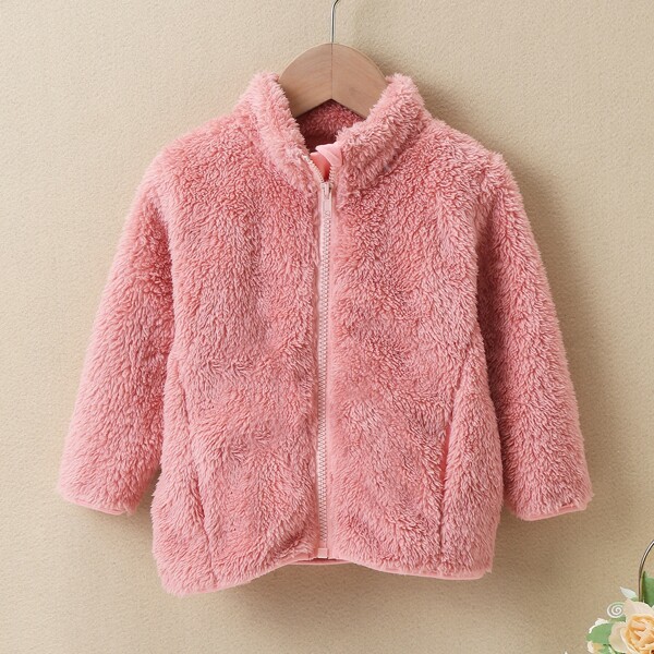 

Baby Girl Solid Zip-up Teddy Coat, Coral pink