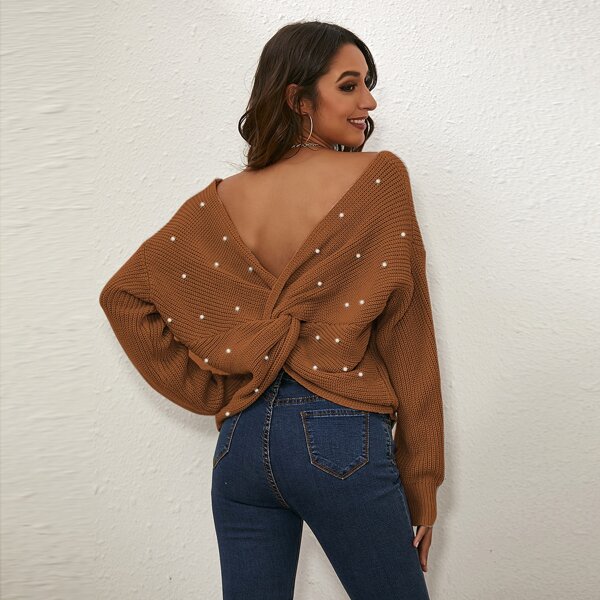 

Pearls Beaded Twist Back Drop Shoulder Sweater, Brown