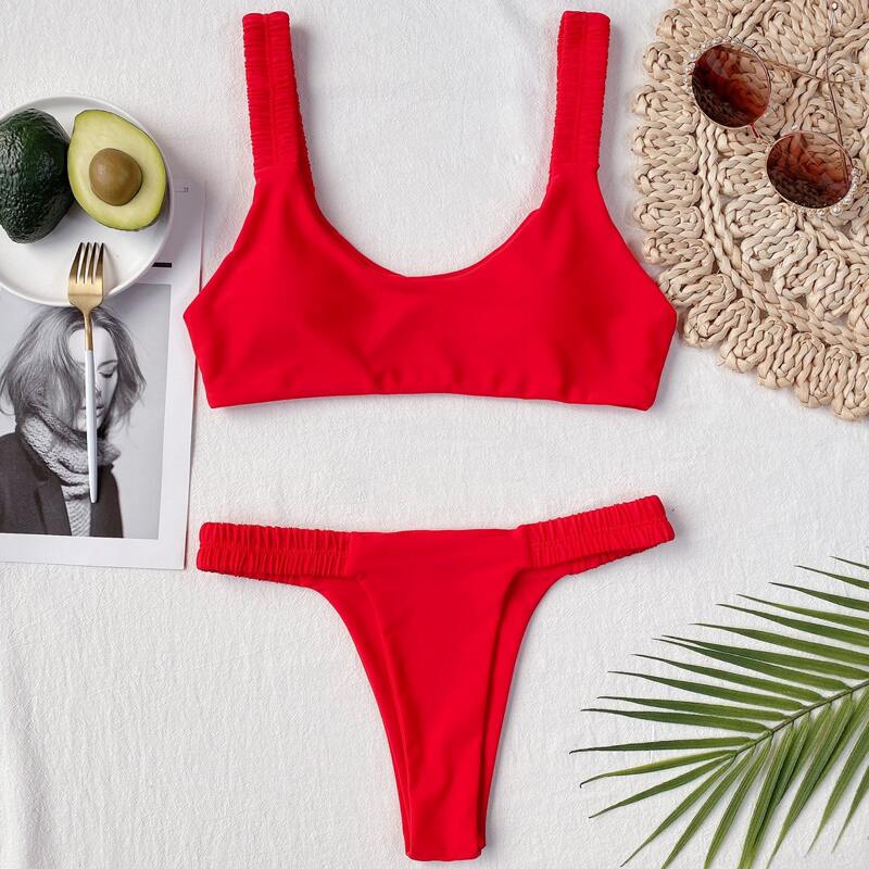 

Plain Ruched Strap Thong Bikini Swimsuit, Red
