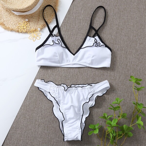 

Frill Trim Bikini Swimsuit, White