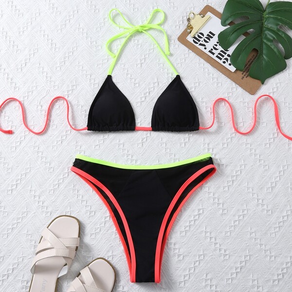 

Contrast Binding Triangle Bikini Swimsuit, Black