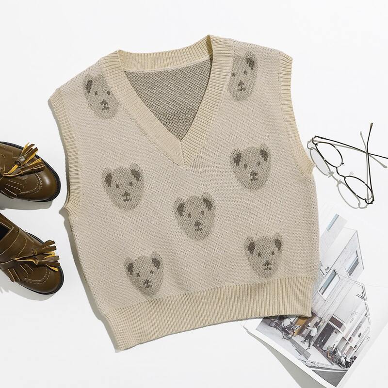 

Cartoon Pattern Sweater Vest, Khaki