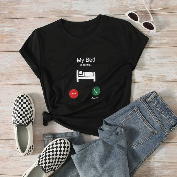 

Slogan And Graphic Print Tee, Black