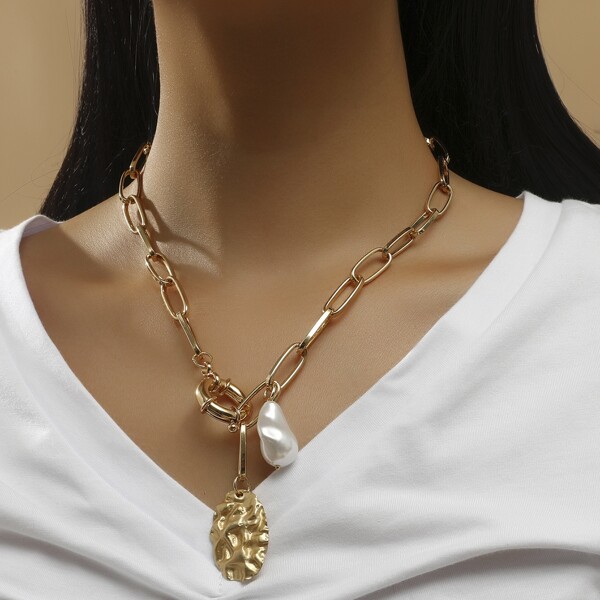 

Faux Pearl Decor Chain Necklace, Gold