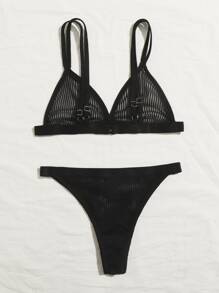 條紋透明內衣褲套裝 - 黑色 - 查看 2