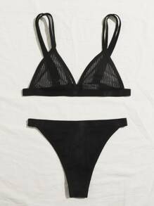 條紋透明內衣褲套裝 - 黑色 - 查看 3