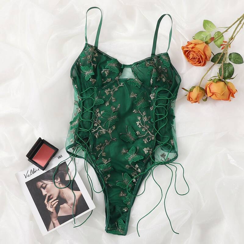 

Butterfly Embroidered Mesh Teddy Bodysuit, Dark green