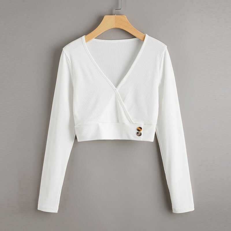 

Solid Wrap Button Crop Tee, White
