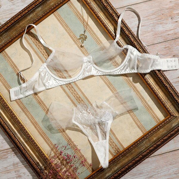 

Floral Lace Mesh Underwire Lingerie Set, White
