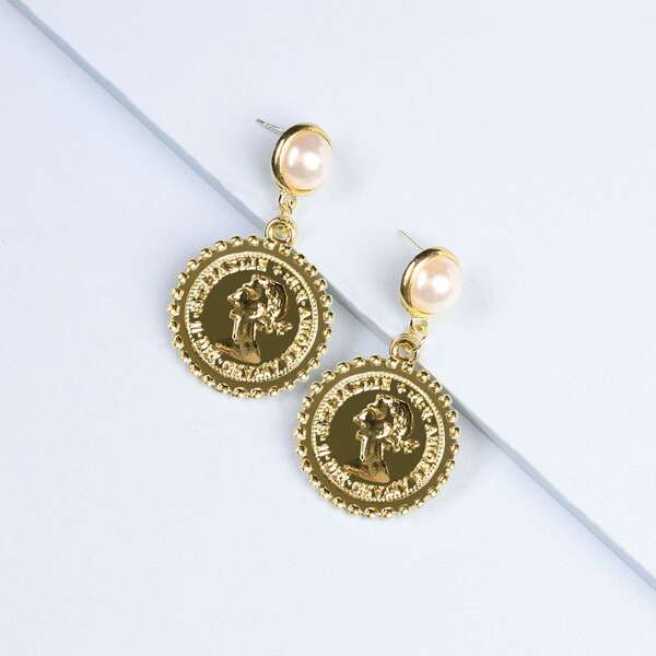 

Faux Pearl Decor Coin Drop Earrings, Gold