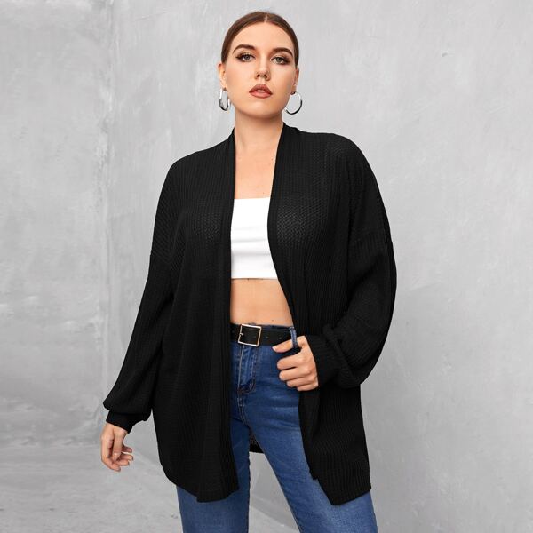 

Plus Drop Shoulder Waffle Knit Coat, Black