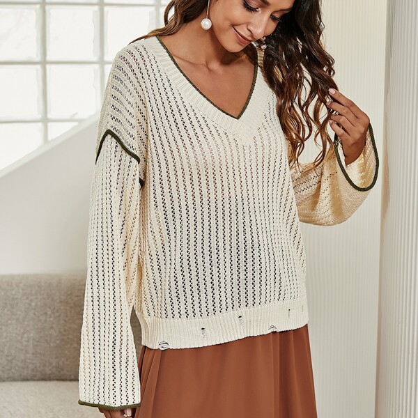 

Pointelle Knit V Neck Contrast Binding Sweater, Beige