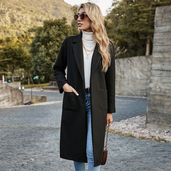 

Lapel Collar Double Pocket Belted Overcoat, Black