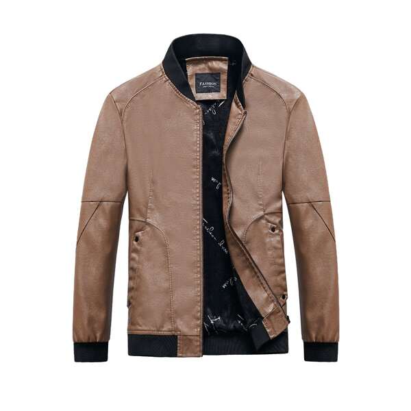 

Men PU Zip Up Bomber Jacket, Apricot