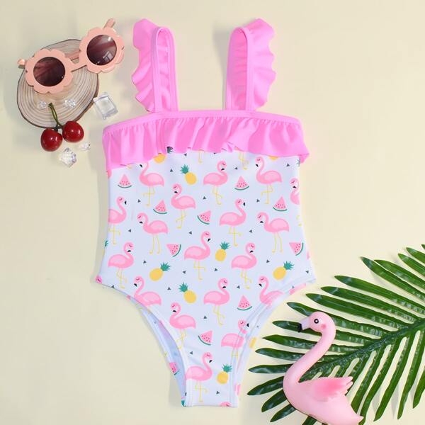 

Toddler Girls Flamingo Print Ruffle One Piece Swimsuit, Multicolor