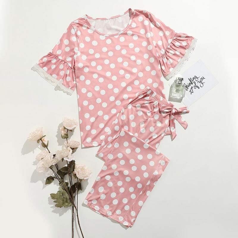 

Polka Dot Ruffle Sleeve PJ Set, Pink